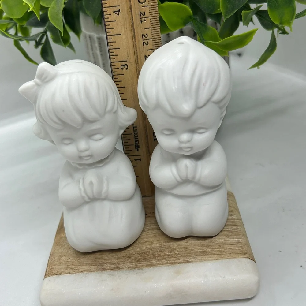 Vintage Salt Pepper Shakers White Kitchen Christian Decor Vtg Art Ceramic Craft